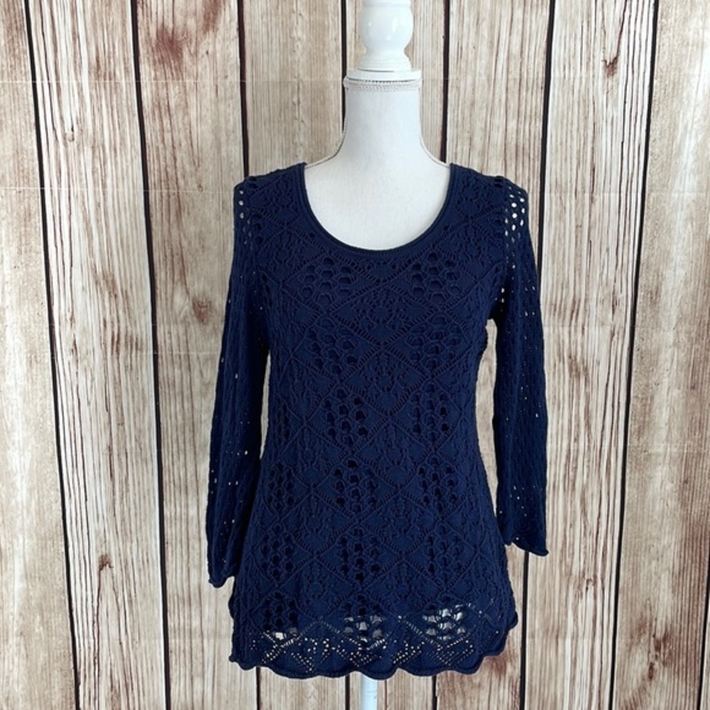 Christina lined Cotton Navy Blue Knit Sweater w/Crochet Accents and Sleeves Med